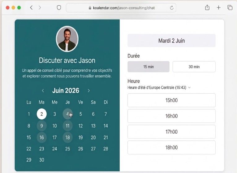 page de réservation créée avec le logiciel de confirmation de rendez-vous Koalendar